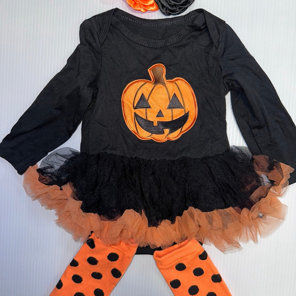 Baby Girl Orange Pumpkin Halloween Costume Tutu Leg Warmers Bow 9 Months (73) - Picture 2 of 8